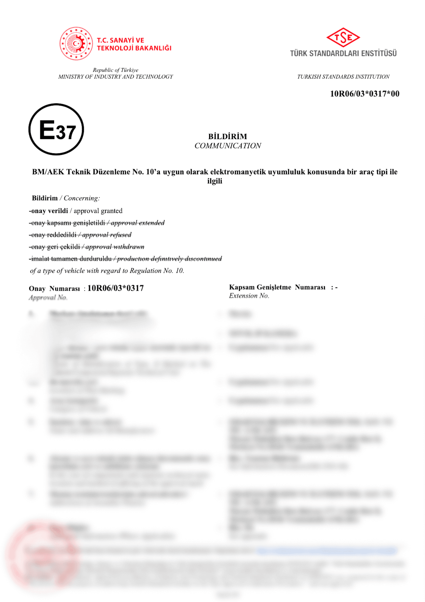 E37 Onay Belgesi